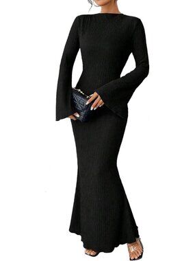 Women's Black SOLID Boho Flare Sleeve Imported Polyester Maxi Bodycon Dress